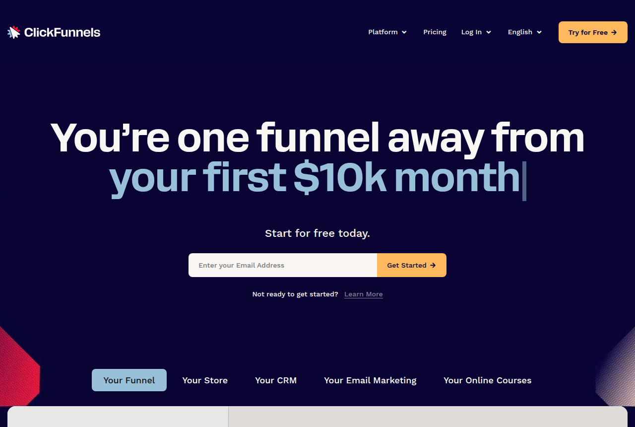 ClickFunnels home page for its funnel and checkout builder