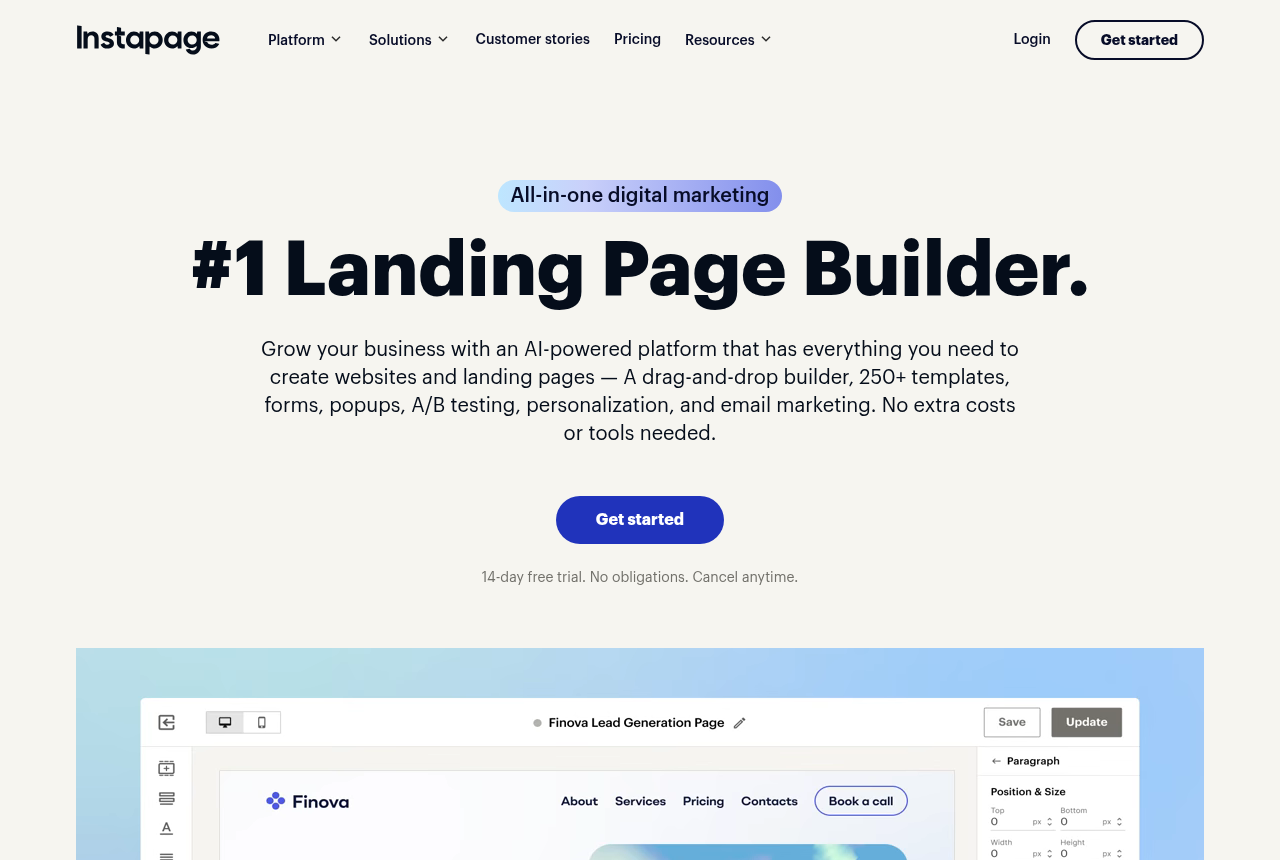 Instapage home page headline: landing pages without limits