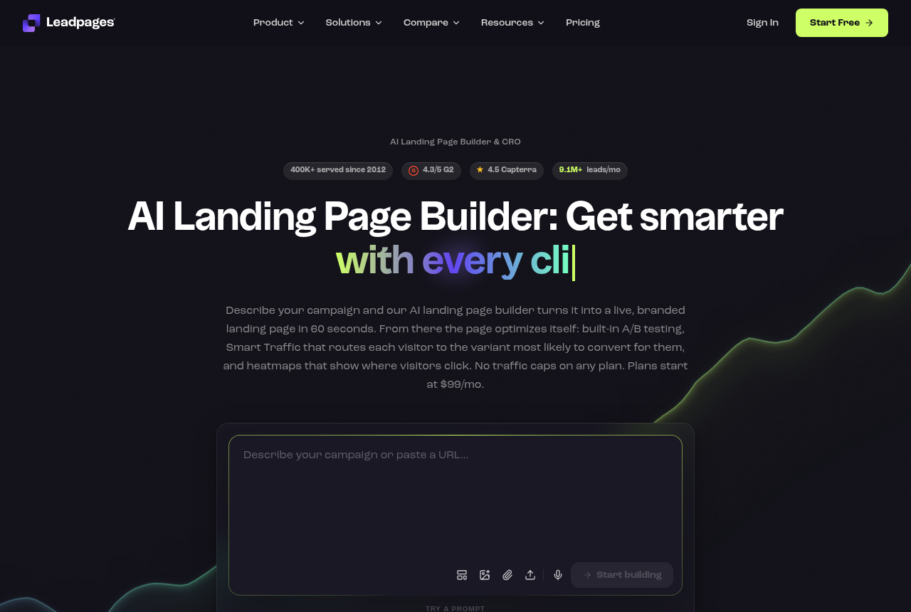 Leadpages home page for its landing page and conversion builder
