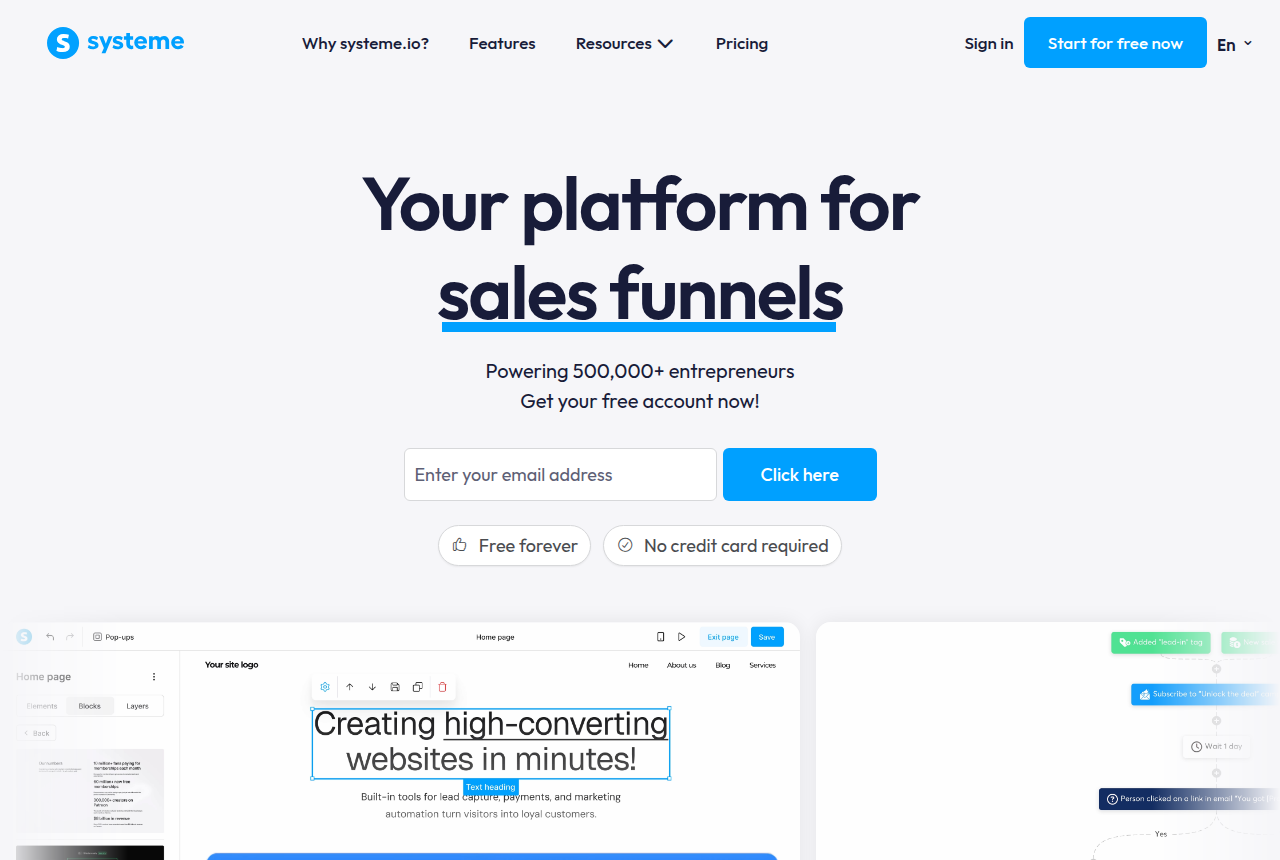 Systeme.io home page for its free-to-start funnel and email platform