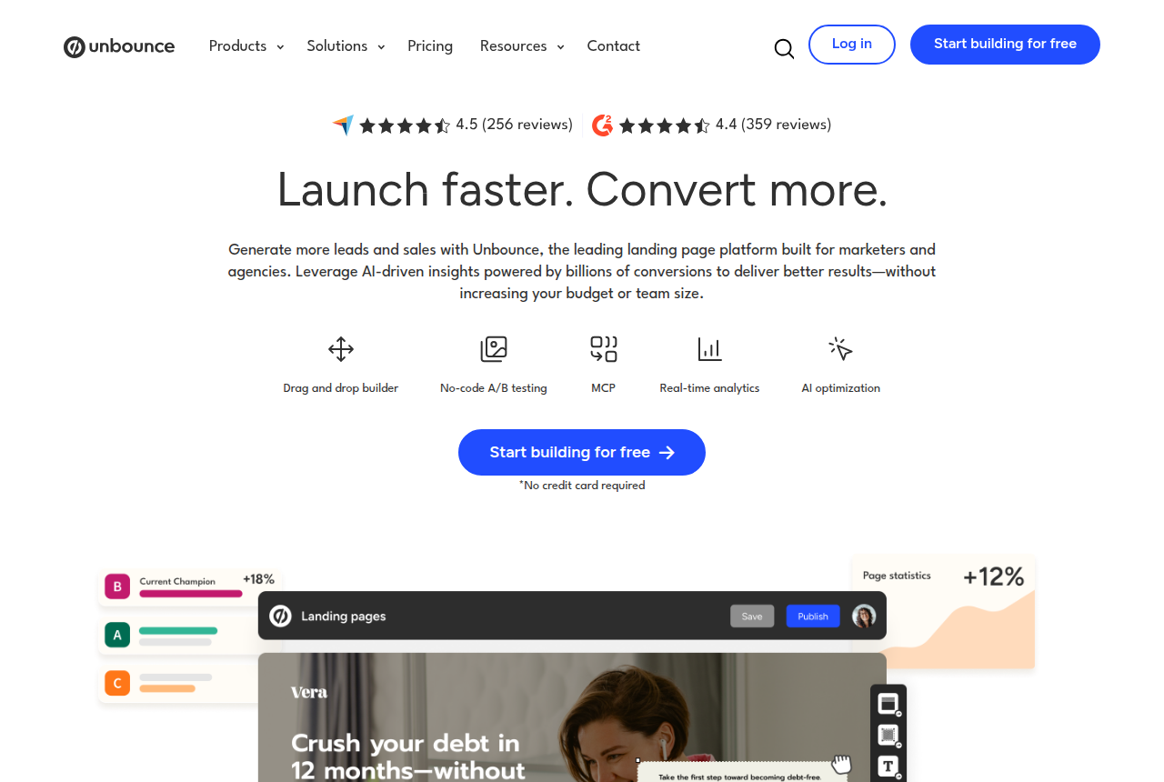 Unbounce home page for its landing page builder for marketers and agencies